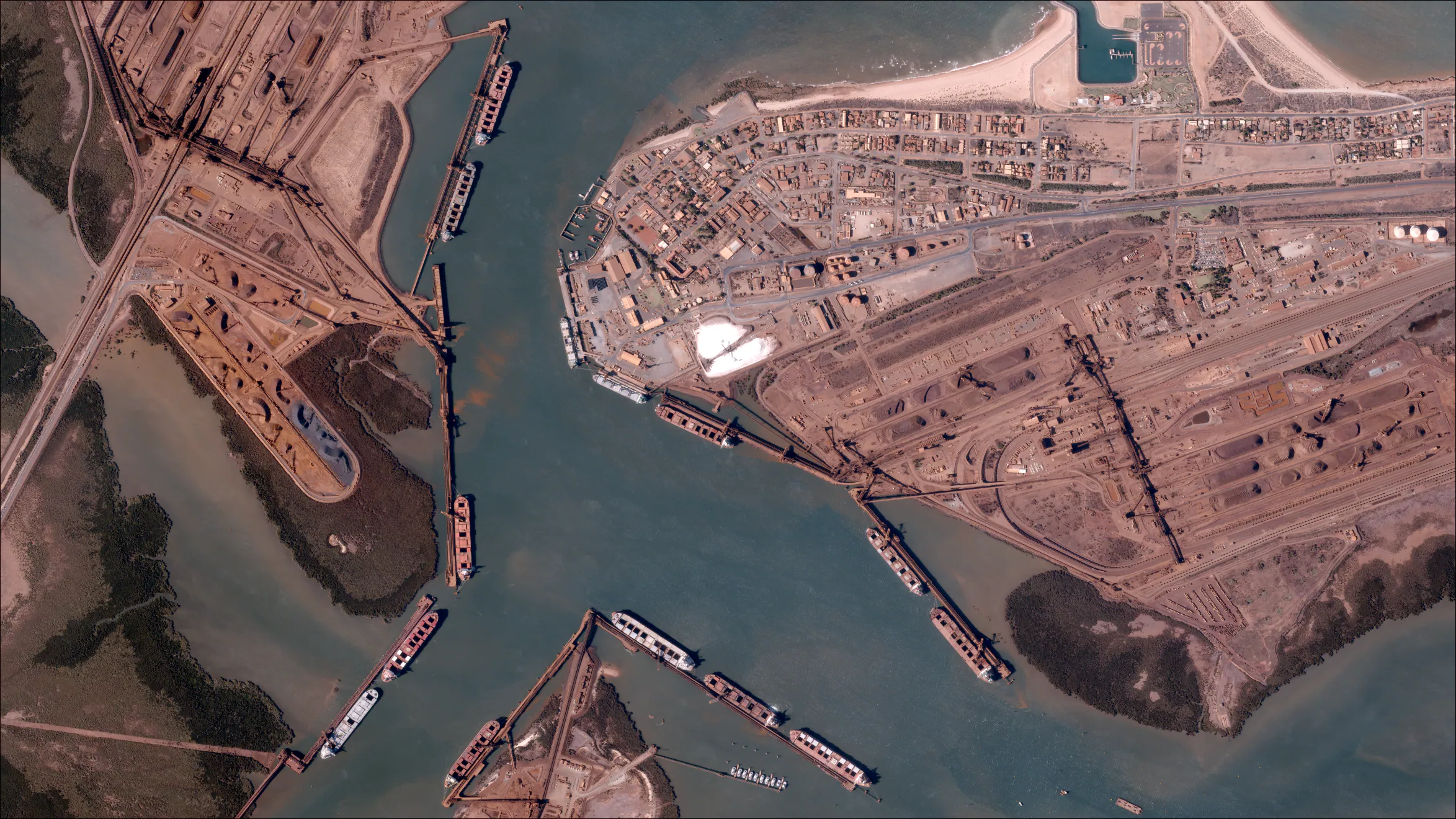 High res satellite image of Port Hedland iron ore export terminal, Western Australia